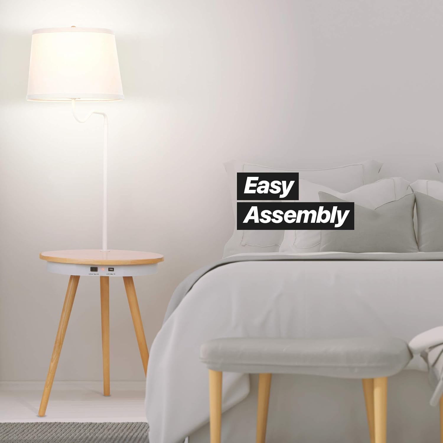 Brightech Owen – Combo de mesa y lámpara con bombilla LED, lámpara de escritorio con puerto USB, lámpara de lectura de noche, mesa auxiliar moderna