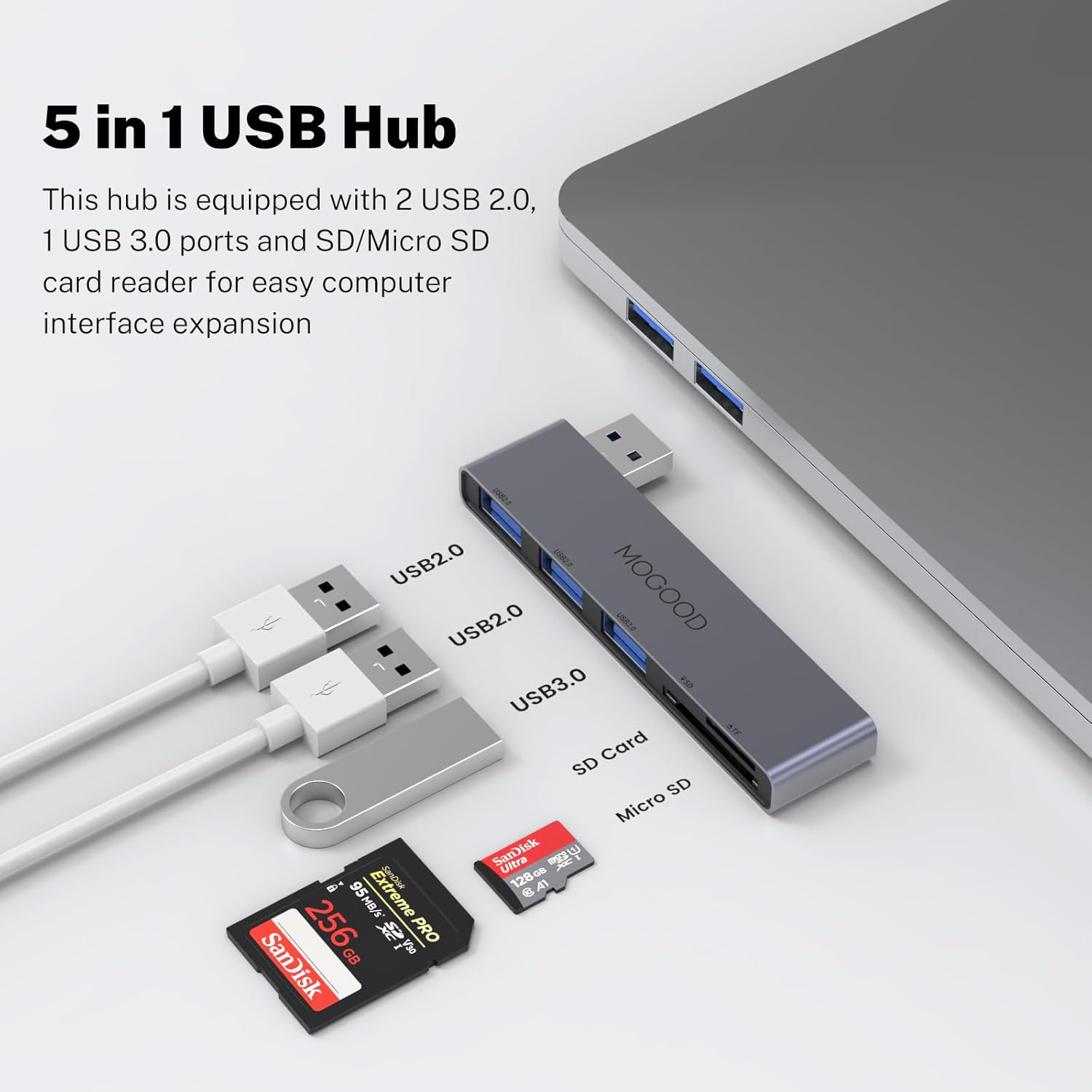 USB Hub MOGOOD 5 en 1 adaptador USB multipuerto con 1 USB 3.0, 2 USB 2.0, lector de tarjetas SDTF, divisor USB, adaptador de tarjeta micro SD para