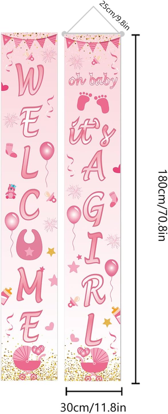 Cartel de bienvenida para baby shower con 70.8 x 11.8 pulgadas, cartel de bienvenida con texto en inglés “Welcome Oh Baby It’s a Girl”, cartel