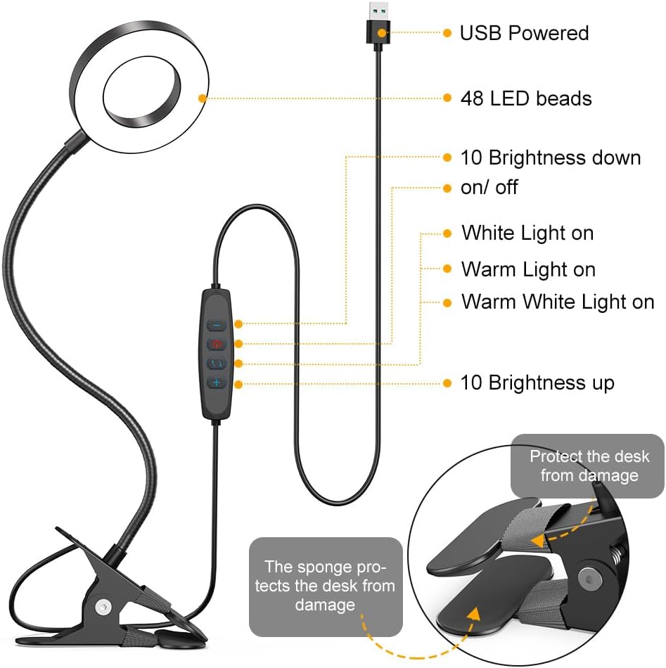 KEXIN Lámpara de mesa con clip, 3 modos de color, 10 brillos con abrazadera para el cuidado de los ojos, lámpara de lectura regulable, lámpara de