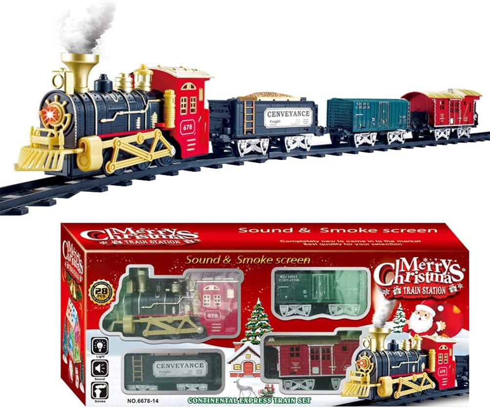 Juegos de tren de Navidad para debajo del árbol, tren de locomotora de vapor eléctrico con luces, música, funciona con pilas, juego para niños y