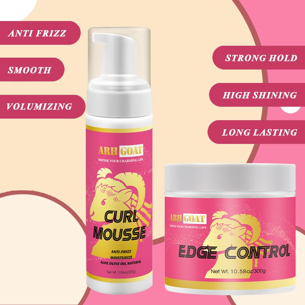 10.58oz Perfect Edge Control con Natural 7.06oz Hair Mousse Set Aloe para peinar el cabello rizado, gel de borde de aceite de oliva de espuma para