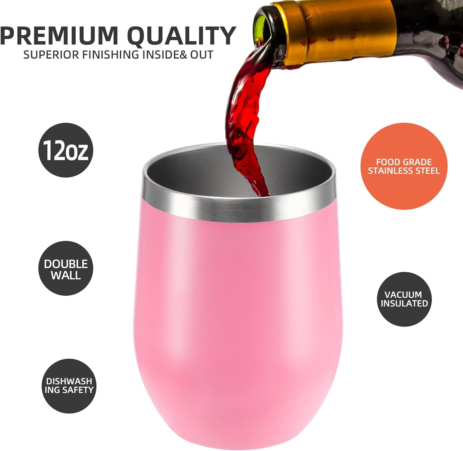 Paquete de 12 vasos de vino de acero inoxidable con tapa. Vaso de vino aislado de doble pared sin tallo de 12 onzas. La copa de vino es adecuada