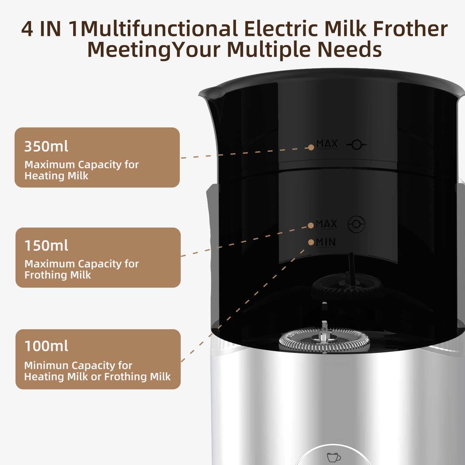 Espumador de leche, vaporizador de leche automático, espumador de leche eléctrico 4 en 1 de 12 onzas, vaporizador de leche eléctrico, espumador de