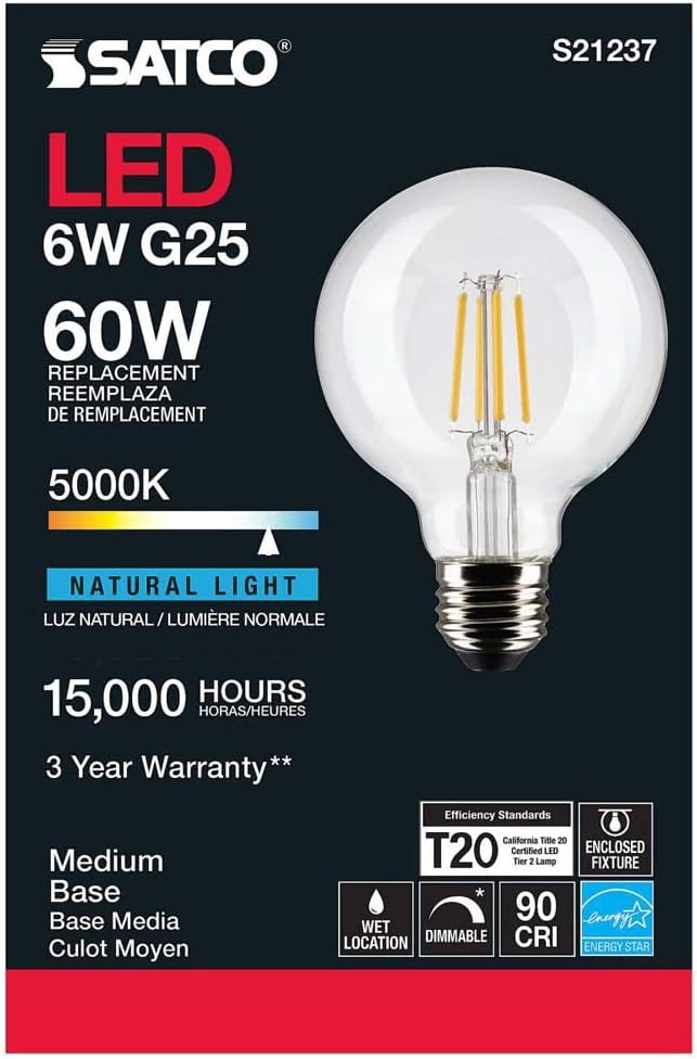 Satco Bombillas LED E26 de 6 vatios, 5000 K, clasificación de 15000 horas, regulables, paquete de 6