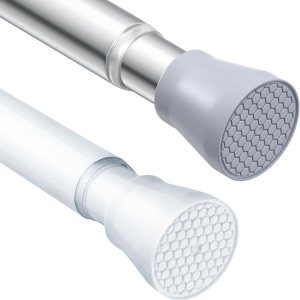 Barra de cortina de tensión blanca y plateada para ventanas de 28 a 48 pulgadas, barra de cortina ajustable con resorte de presión expandible sin Barra de cortina de tensión blanca y plateada para ventanas de 28 a 48 pulgadas, barra de cortina ajustable con resorte de presión expandible sin