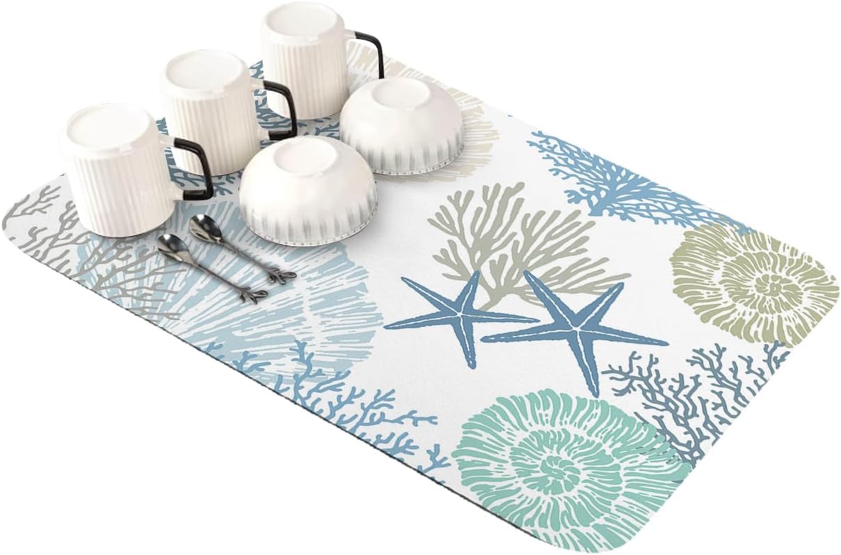 Hokiten Tapete de secado de platos costero para encimera de cocina, tapete absorbente de café y escurridor de platos, tapete de secado rápido con