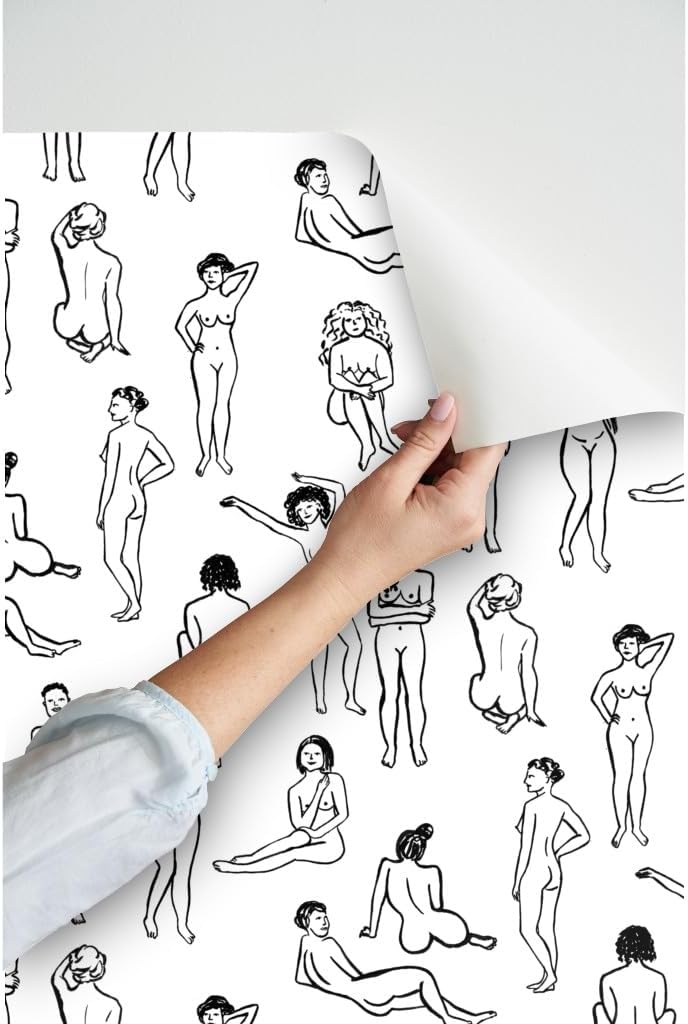 Spoonflower Papel tapiz para despegar y pegar – Mujeres Blanco Negro Mujer Niña Poder Vida Dibujo Cuerpo Mujer Salud Personalizado Papel pintado