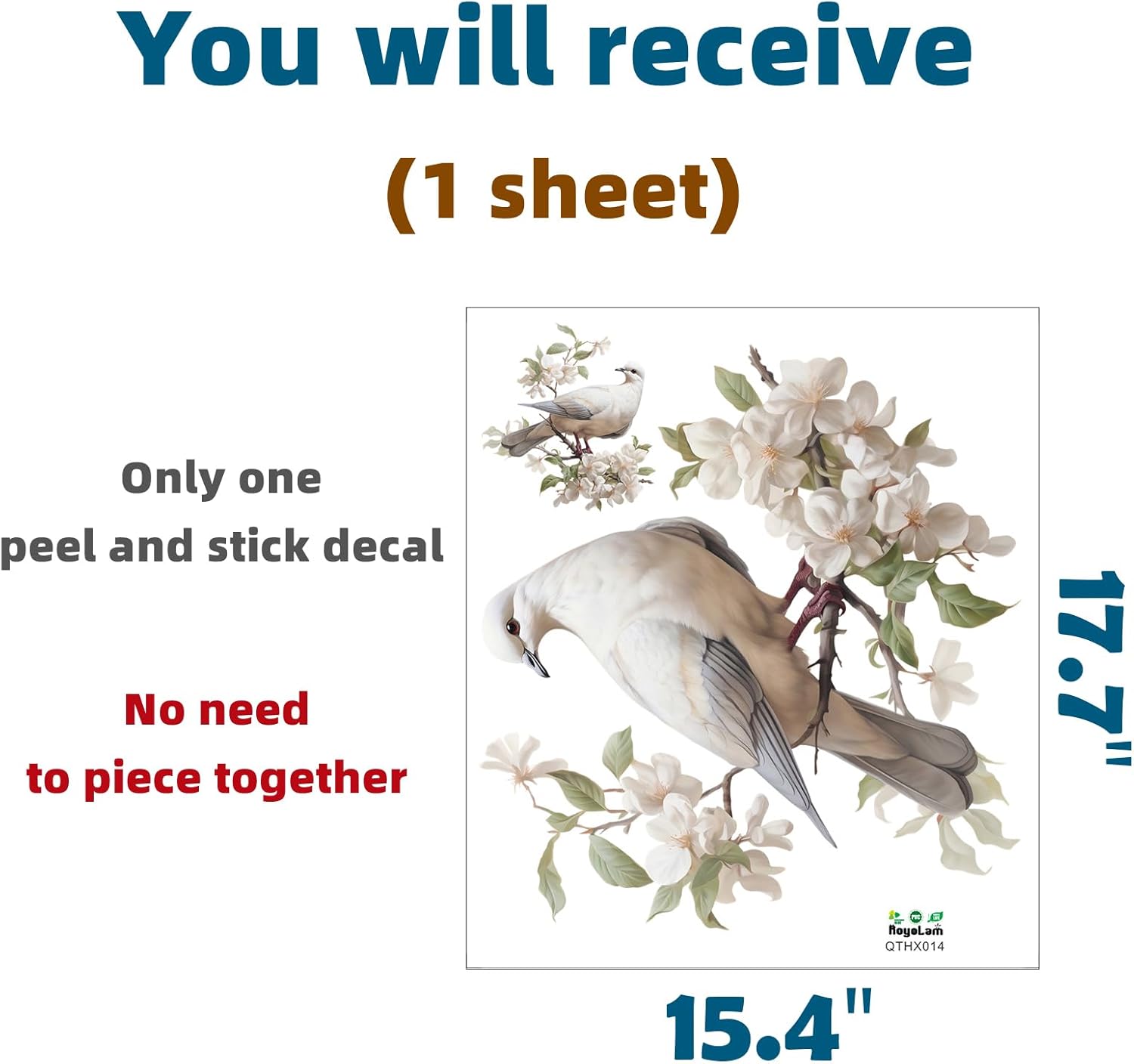 Calcomanías de pared de acuarela con paloma en medio de flores blancas florecientes, calcomanías de pared de animales para niños, removibles,