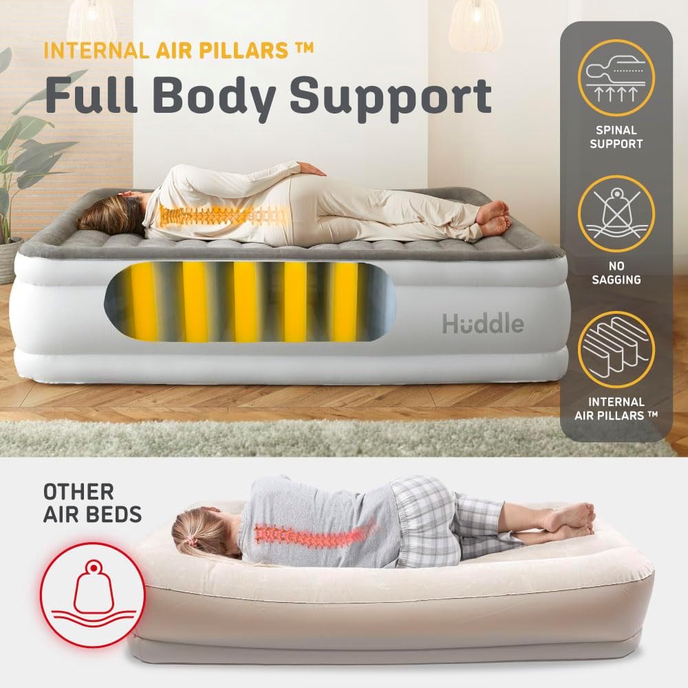 Huddle Cama de aire de lujo con tecnología patentada de doble bomba SlumberGuard Premium  Tecnología de cama de aire autoinflada y antidesinflado
