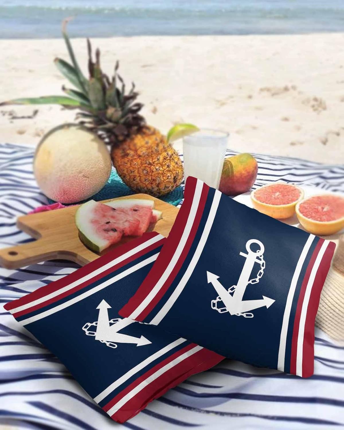 Juego de 2 fundas de almohada impermeables para sofá, fundas de almohada decorativas con ancla blanca náutica, azul marino, rojo, 18 x 18 pulgadas,
