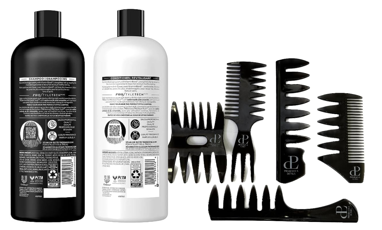 TRESemme – Paquete de champú de 28 onzas con acondicionador TRESemme de 28 onzas con juego de peine clásico Premium Lux Details (antirotura)