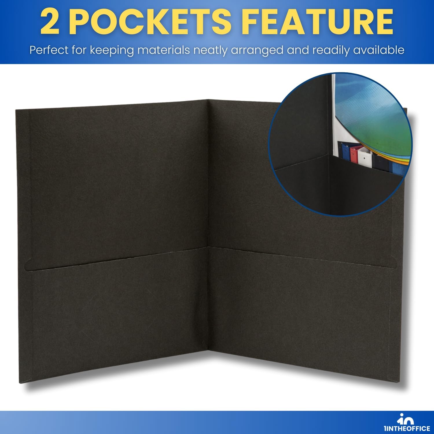 1InTheOffice Carpetas negras con bolsillos, tamaño carta, carpeta de bolsillo de papel en relieve de 2 bolsillos, color negro, 8.5 x 11 pulgadas,