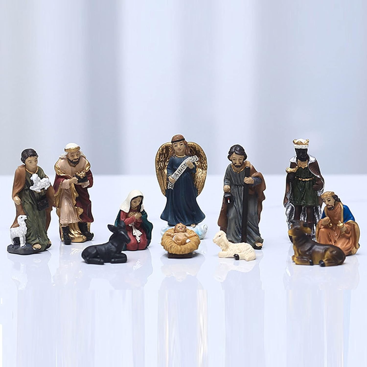 Adornos de grupo de pesebre de Navidad, juego de nacimiento de Jesús para interiores, 12 piezas, estatuas de belén de aldea de Navidad de resina,