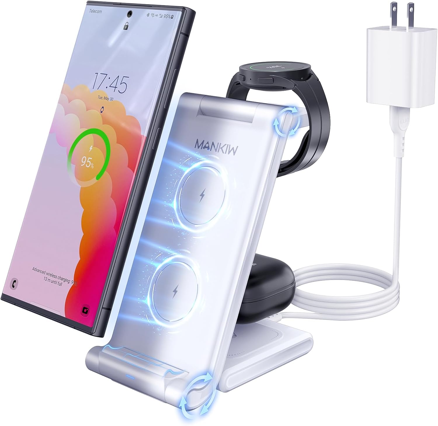 MANKIW – Estación de carga inalámbrica para Samsung, estación de carga rápida plegable 3 en 1 para Galaxy S24 S23 S22 S20 Ultra Z Flip Fold