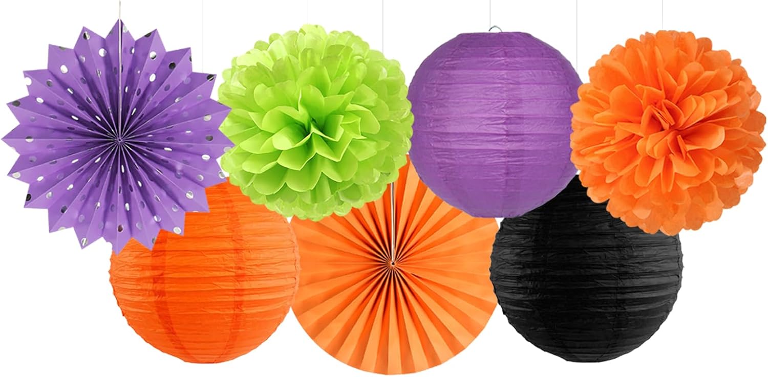 Decoraciones de fiesta de Halloween, color negro, morado, naranja, verde, 20 linternas de papel, pompones de tejido, bolas de panal, hotel