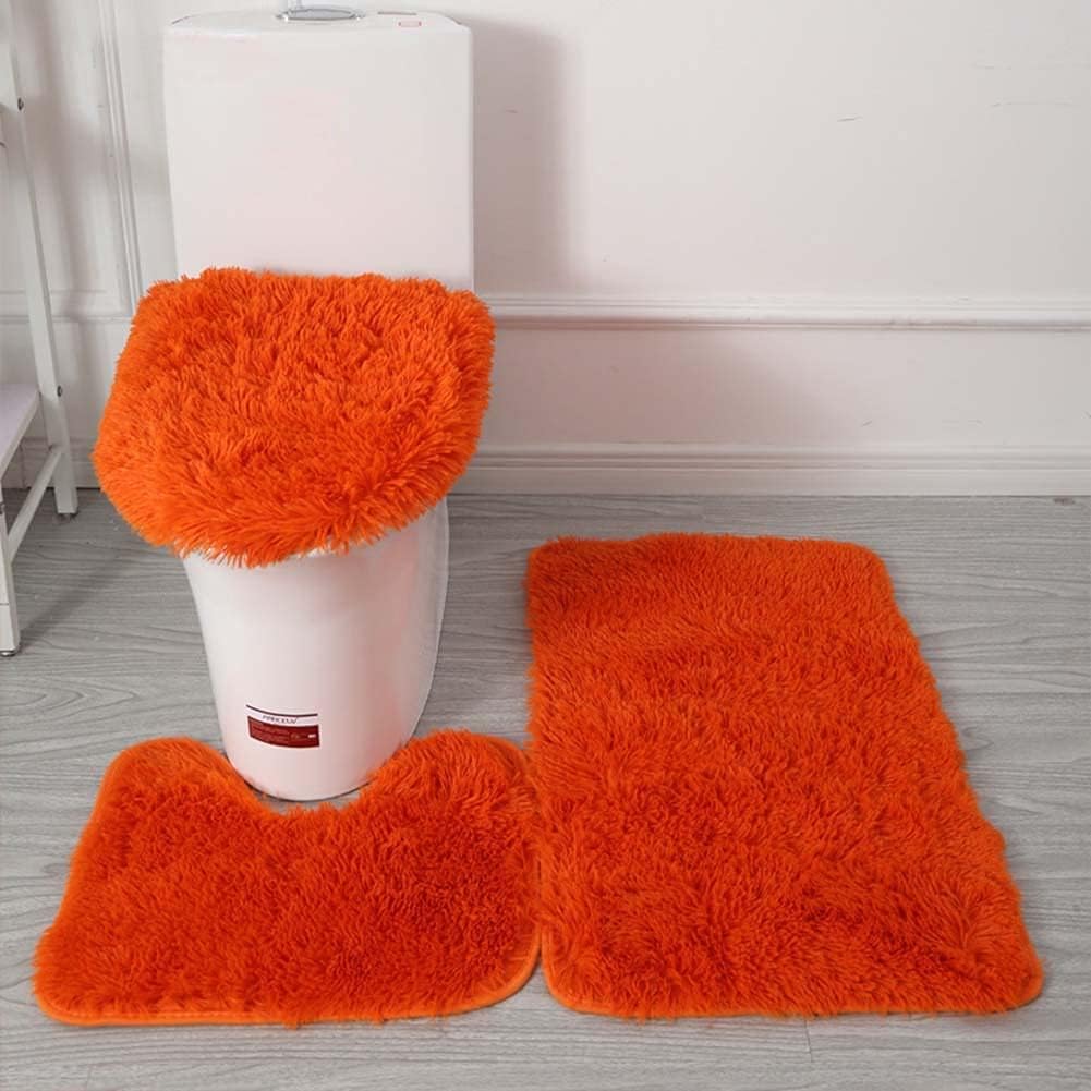 Juego de 3 tapetes de baño para baño, suaves, antideslizantes, suaves, en forma de U, tapete de inodoro y tapa de inodoro, color naranja