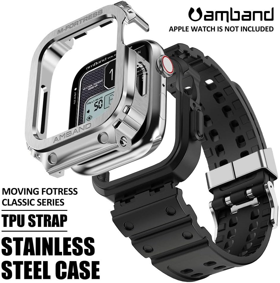 amBand – Funda resistente de acero inoxidable contra golpes compatible con Apple Watch Series 76SE54 de 1.57 pulgadas, 1.65 pulgadas, Moving