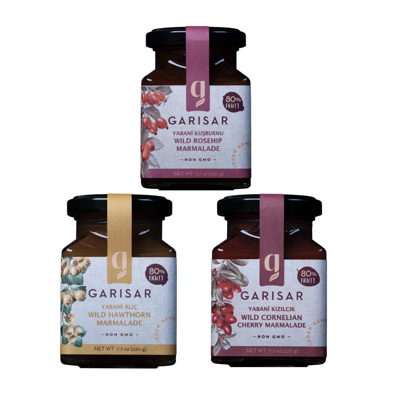 Garisar -Mermelada de rosa mosqueta silvestre – Mermelada de espino silvestre – Mermelada de cereza cornalina silvestre – 80% fruta – 7.7 oz cada