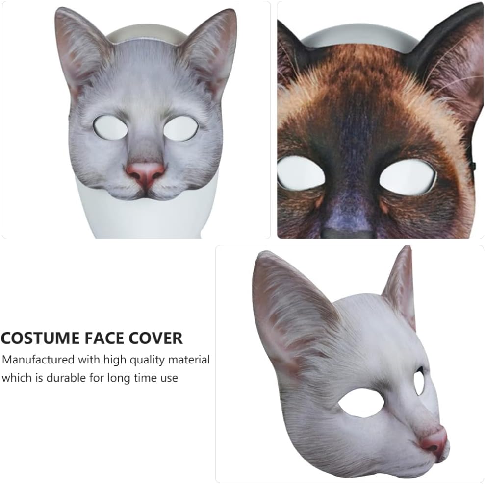 Abaodam 2 máscaras realistas de gatos, animales de media cara, de atigrado, suministros para fiesta de disfraces de Halloween (marrón, blanco)