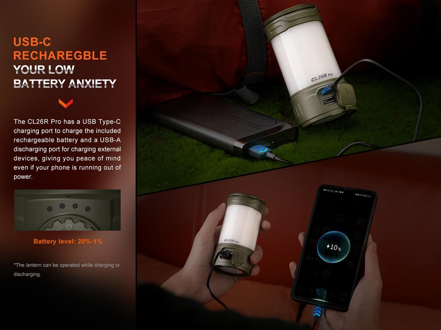 Fenix CL26R Pro – Linterna de campamento, camuflaje gris, 650 lúmenes brillante, recargable USB-C, compacta y portátil, perfecta para huracán,