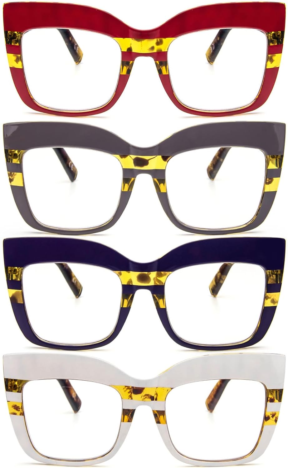 KoKoBin Paquete de 4 elegantes lentes de lectura de ojo de gato con marco grande para mujer, lectores retro de gran tamaño, bloqueo de luz azul