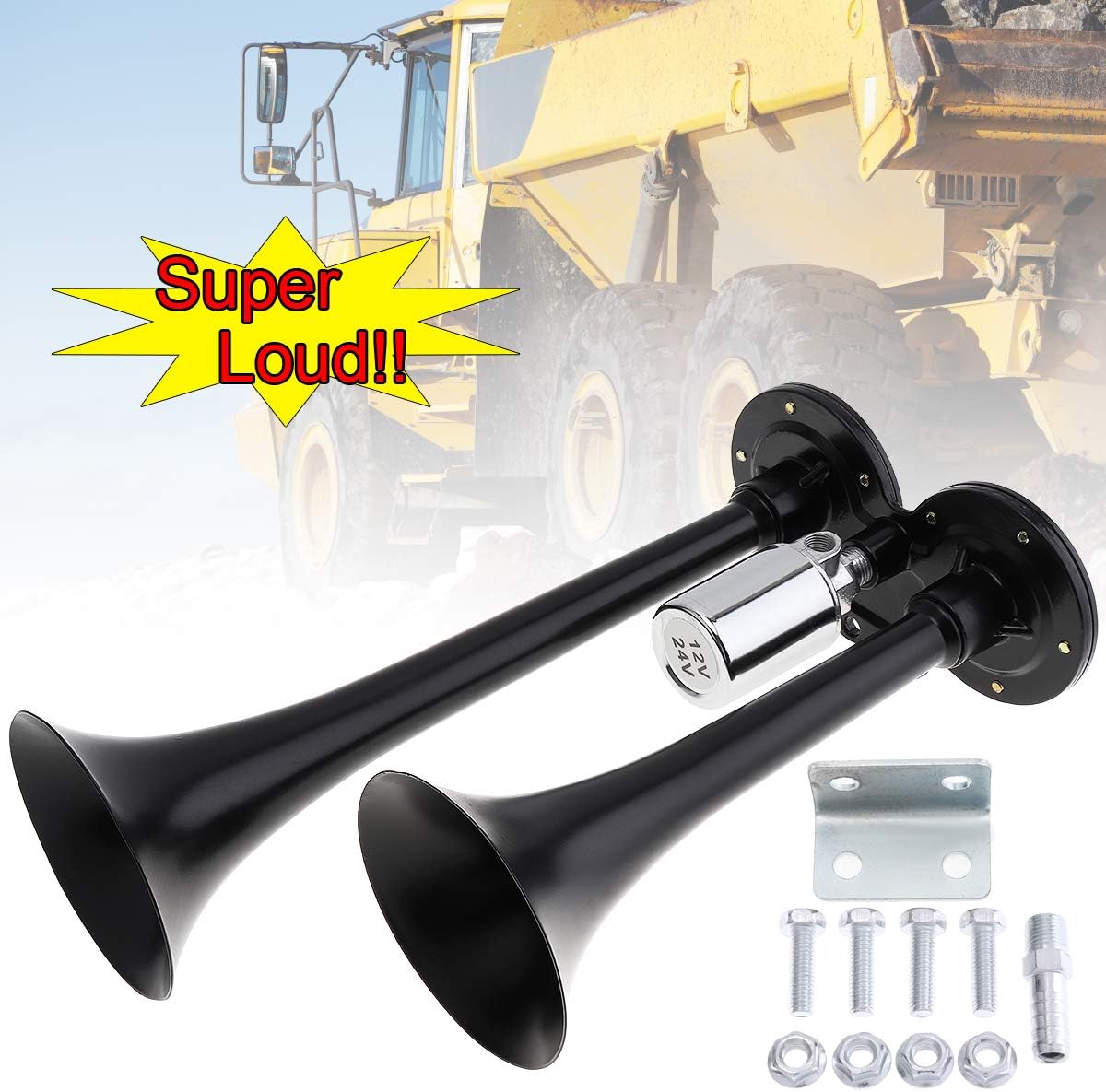 DriSentri 12V24V 178db Super Loud Negro Dual Trompeta Car Air Horn para coches, camiones, barcos