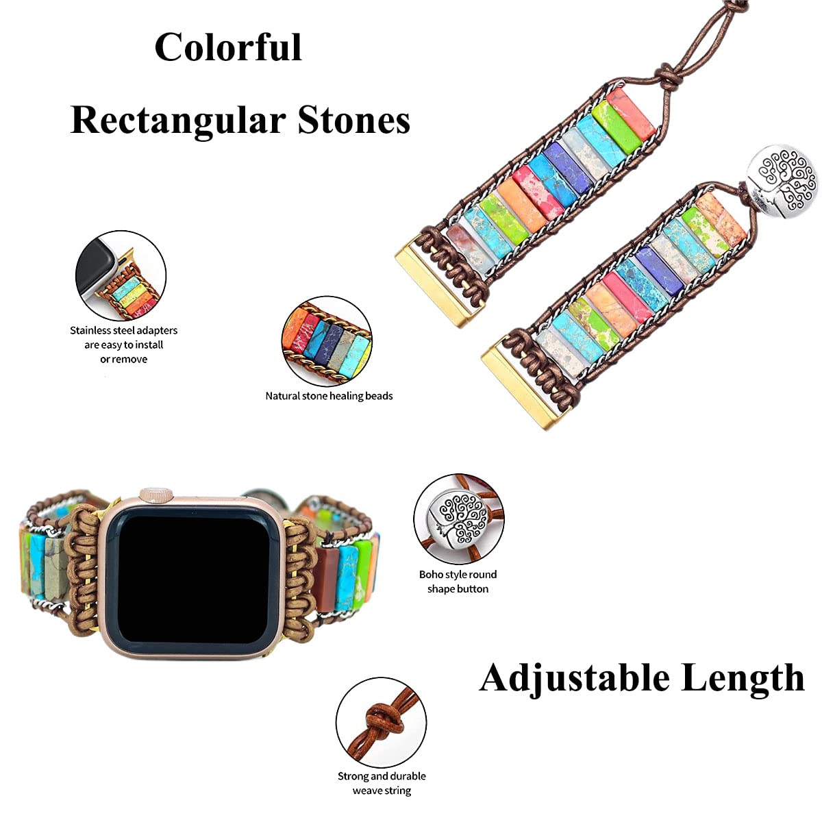 EKOBLA Handmade iWatch Bands Compatible with Apple Watch Bands 424445mm, Healing Stones Beaded Bracelet Watch Strap for iwatch Series 7654321SE,