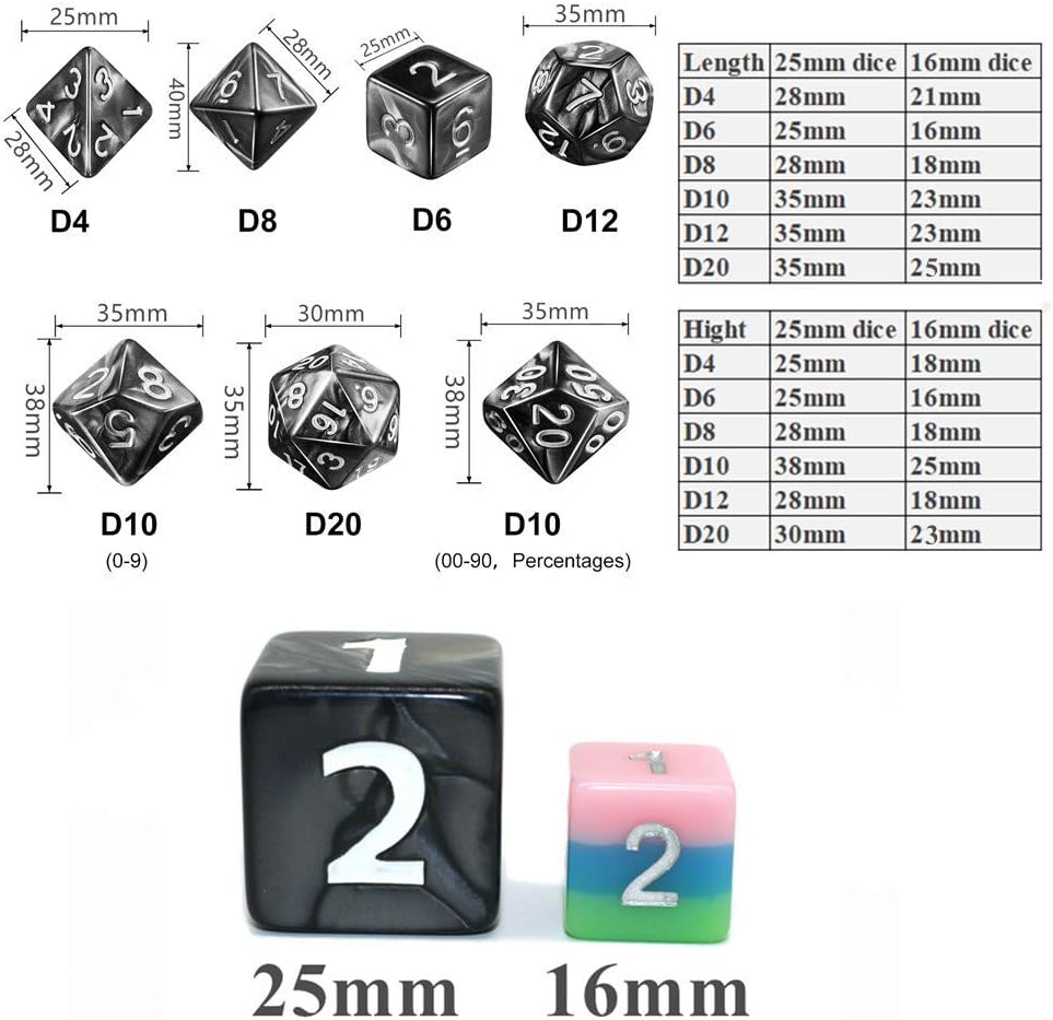 Dados – Juego de dados DND de 0.984 in, dados RPG para Calabozos y Dragones, D&D Pathfinder MTG, dados gigantes poliédricos negros con bolsa de dados