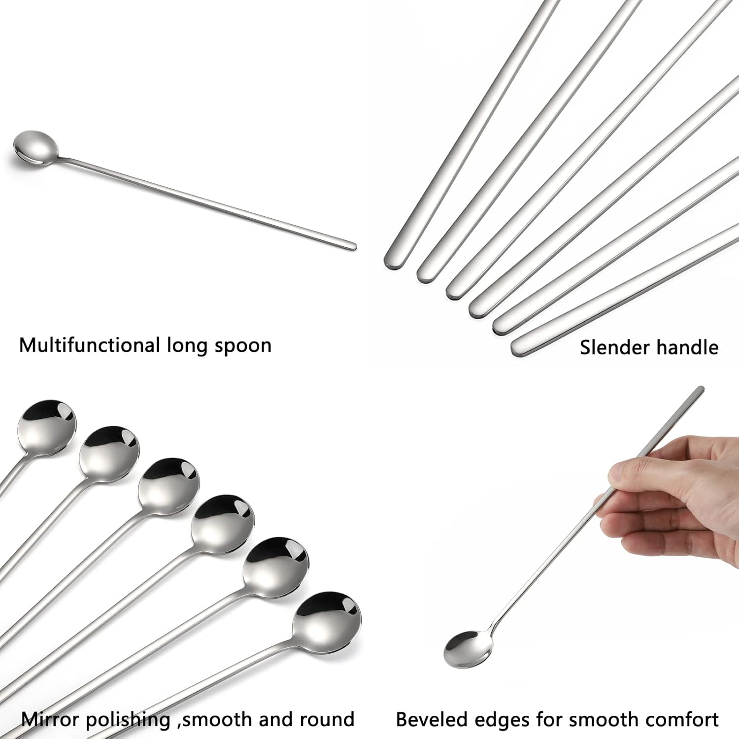 Juego de 6 cucharas de mango largo de acero inoxidable para agitador de café, cucharas para mezclar de cóctel (acero inoxidable)