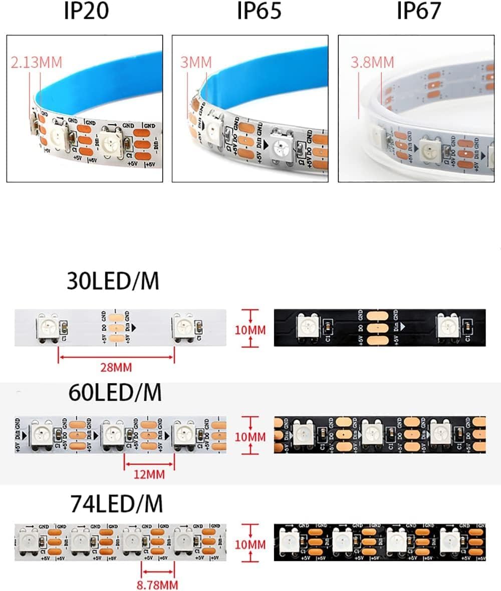 TOPXCDZ WS2812B WS2812 – Tira LED de píxeles direccionables individualmente flexible digital RGB 30607496144PixelLedsM cinta de luz 5V (5M 96LEDM,