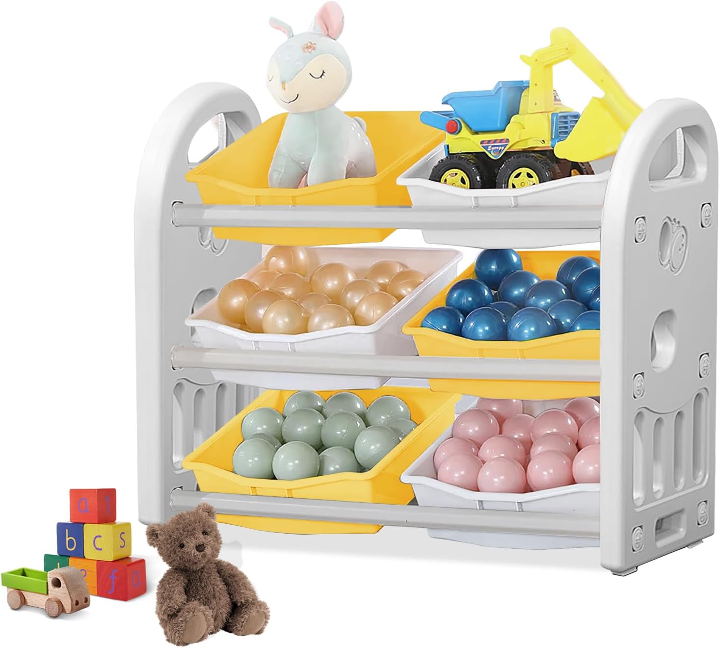 Estante organizador de almacenamiento de juguetes, estante para libros para niños con 6 contenedores, gabinete de organización de sala de juegos,