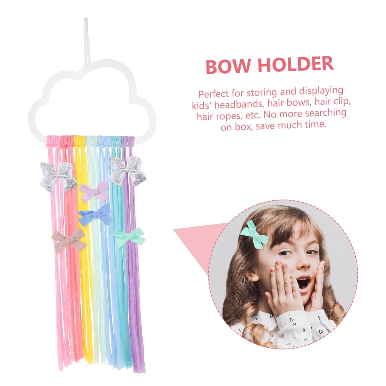 Abaodam Organizador de lazo de adorno de arco iris para niñas, clips de lazos para el pelo, decoración de dormitorio de niños, organizador de lazos
