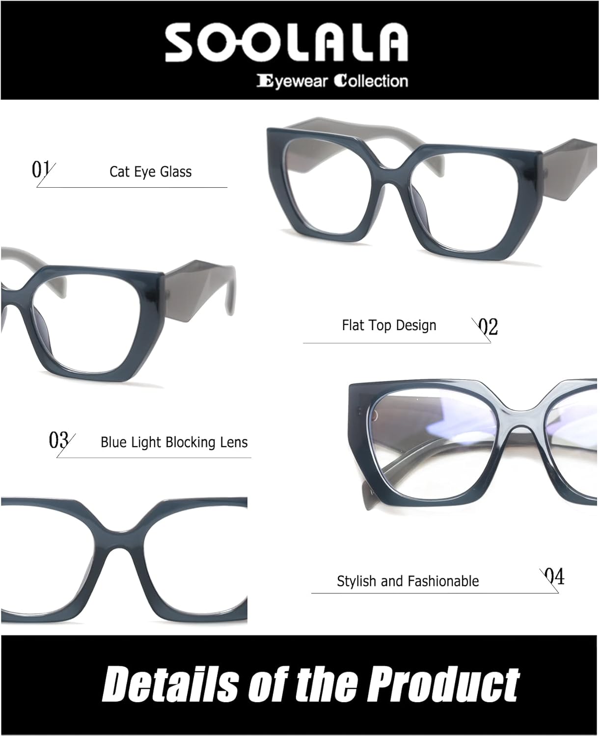 SOOLALA Gafas de lectura de ojo de gato con parte superior plana para mujer, marco de anteojos con bloqueo de luz azul