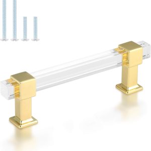 knobelite Paquete de 25 manijas de gabinete de cocina con centro de agujero de 4 pulgadas, tiradores de cajón dorados con tubo acrílico cuadrado y knobelite Paquete de 25 manijas de gabinete de cocina con centro de agujero de 4 pulgadas, tiradores de cajón dorados con tubo acrílico cuadrado y