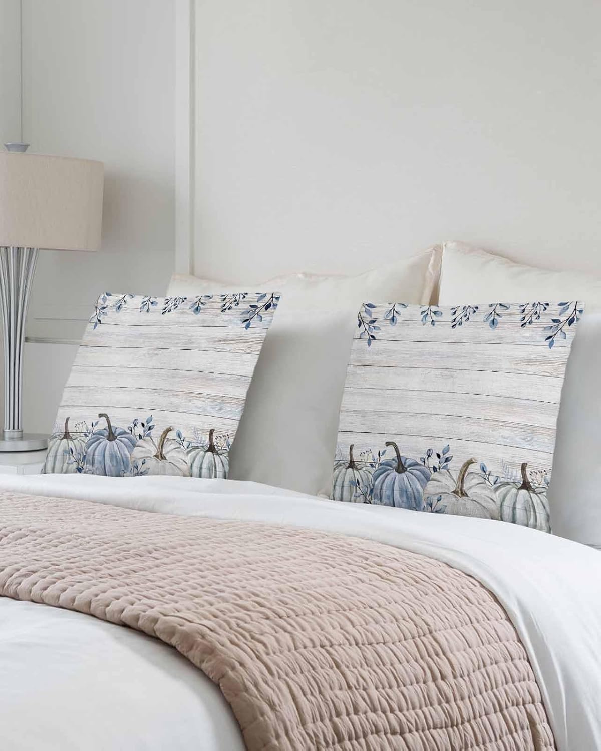 Cotton Throw Pillow Covers Reversible Set of 2, Pumpkin Blue Tree Leaves Floral Fall Soft Couch Pillow Covers for Sofa Bedroom Living Room 18 x 18