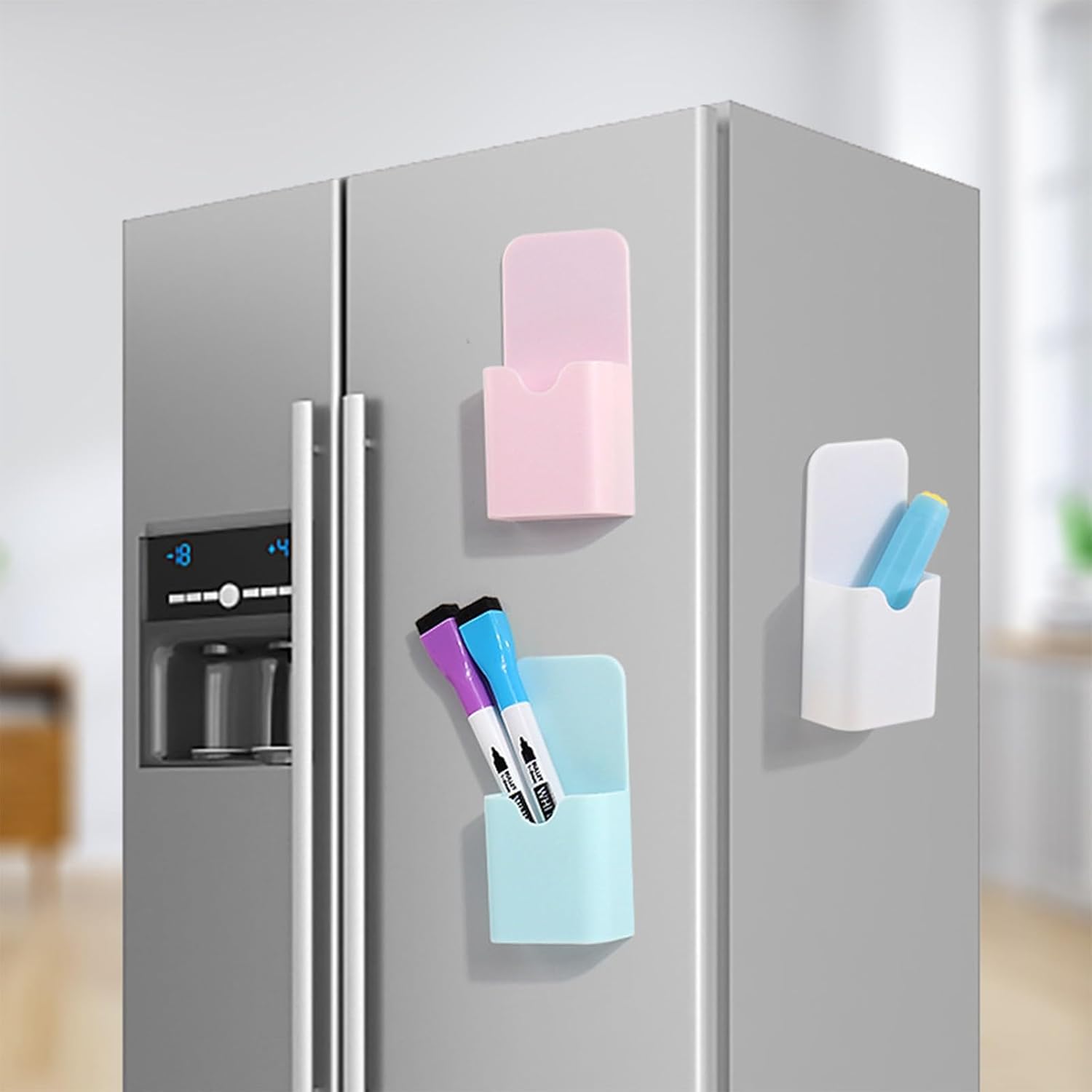 Juego de 2 mini marcadores magnéticos, estuche de almacenamiento magnético para lápices, para pizarra blanca, refrigerador y casillero, suministros