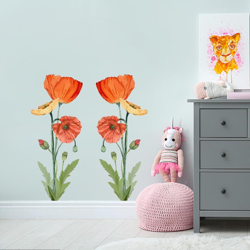 SUPERDANT Pegatinas de pared de flores de amapola, calcomanías de pared florales rojas, cabecero de dormitorio, decoración de pared, arte de
