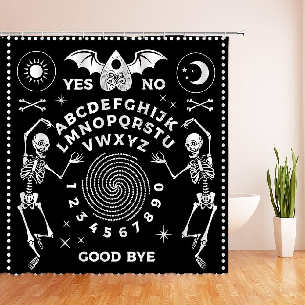 Cortina de ducha de bruja, tablero de ouija, calavera, brujería, tarot gótico, psíquico, Halloween, sol, luna, polilla, decoración misteriosa,