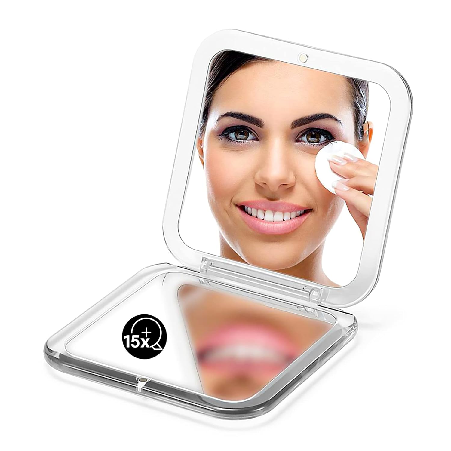 OMIRO Espejo compacto plegable, aumento 1X15X, 3 pulgadas, tamaño de bolsillo, espejo de mano cuadrado para maquillaje de viaje (plateado)