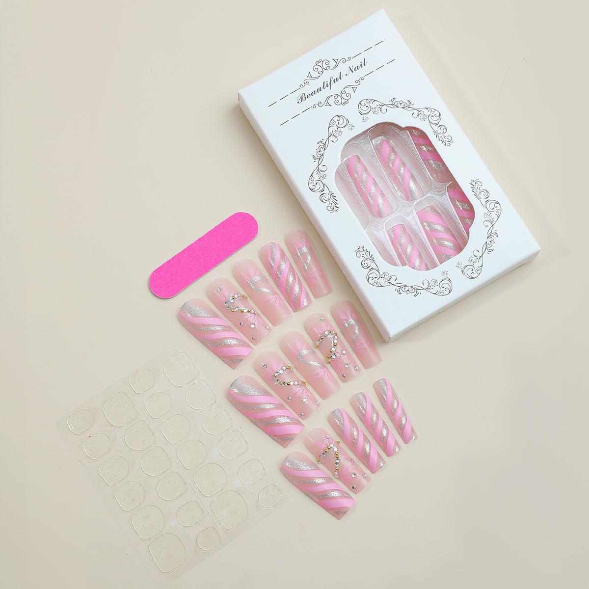 Uñas postizas extralargas cuadradas con forma de tubo, uñas acrílicas rosas con purpurina y líneas blancas y diamantes de imitación, diseños de