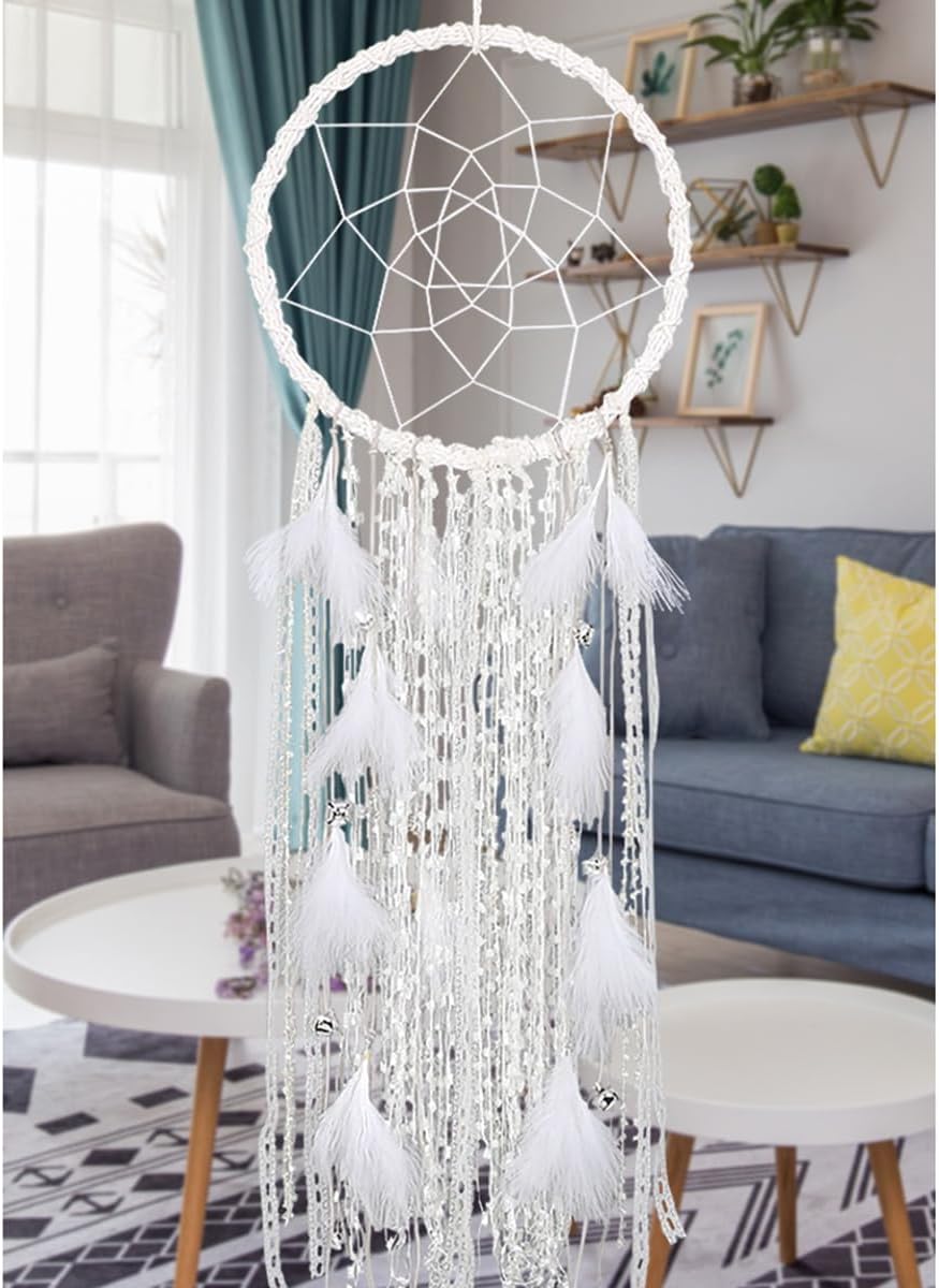 Alynsehom Atrapasueños extragrande para niños, decoración para colgar en la pared, hecha a mano, plumas blancas, bohemios, grandes atrapasueños con