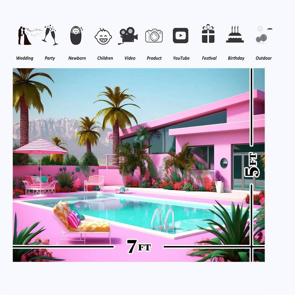 Telón de fondo de casa de ensueño de princesa Dolly de 7 x 5 pies, fondo tropical de casa de playa Malibú, feliz cumpleaños para niños, de vinilo al