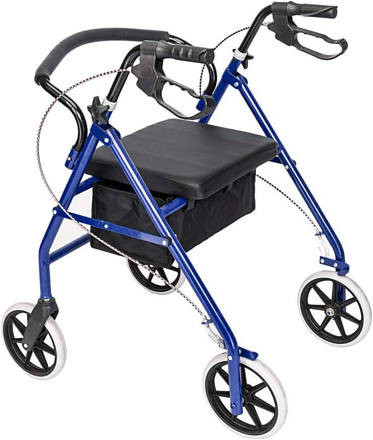 Andador con asiento, andador de acero con ruedas de 8 pulgadas, soporta hasta 286.6 libras, para lesiones, personas mayores y adultos (negro y azul)