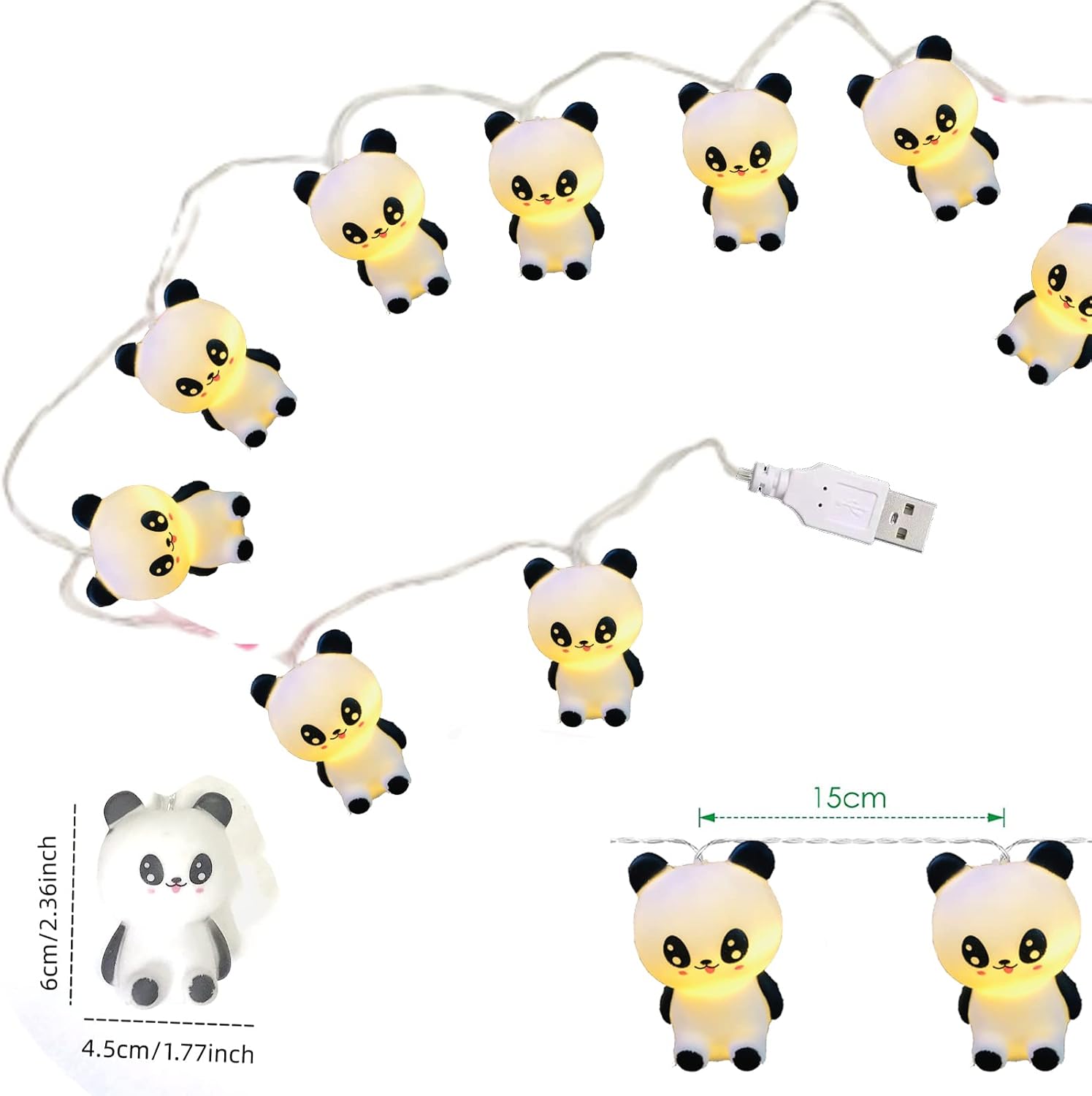 Luces nocturnas de panda de 9.8 pies, 20 luces LED en forma de panda, luces de hadas de animales para niños, dormitorio, hogar, fiesta de Pascua,