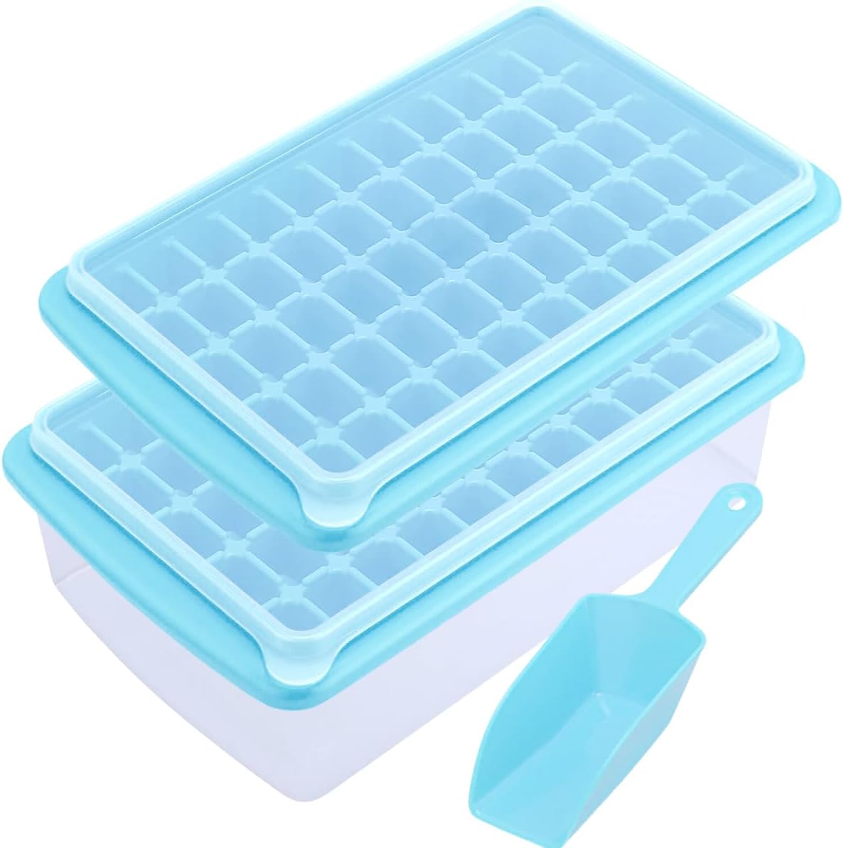 Bandeja para cubitos de hielo (azul) con tapa y contenedor para congelador, fácil liberación, paquete de 2 de 55 moldes para bandejas de hielo con