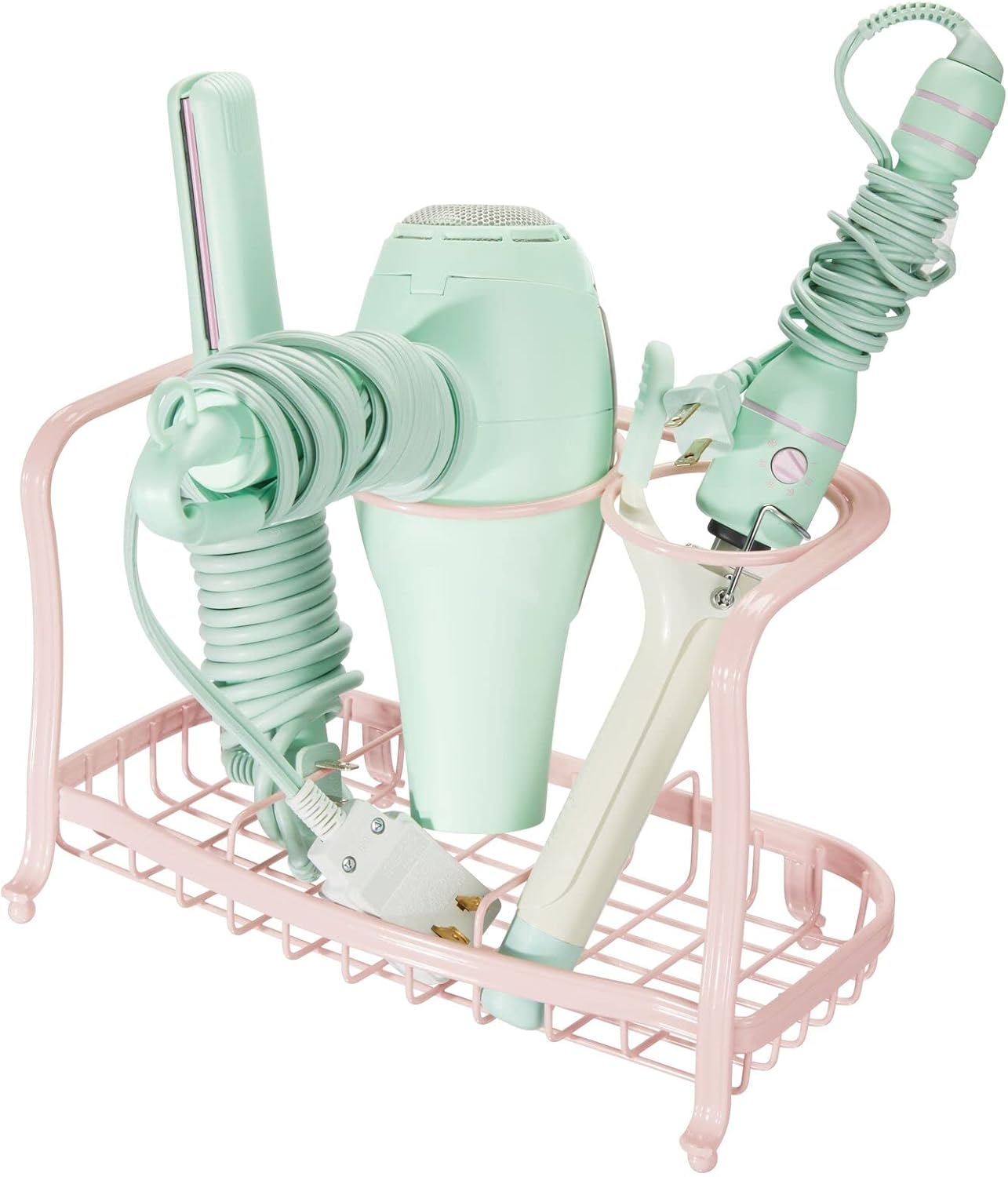 mDesign – Organizador de metal para el baño, para herramientas de cuidado del cabello y peinado, secadora, plancha alisadora, rizador, alisador del