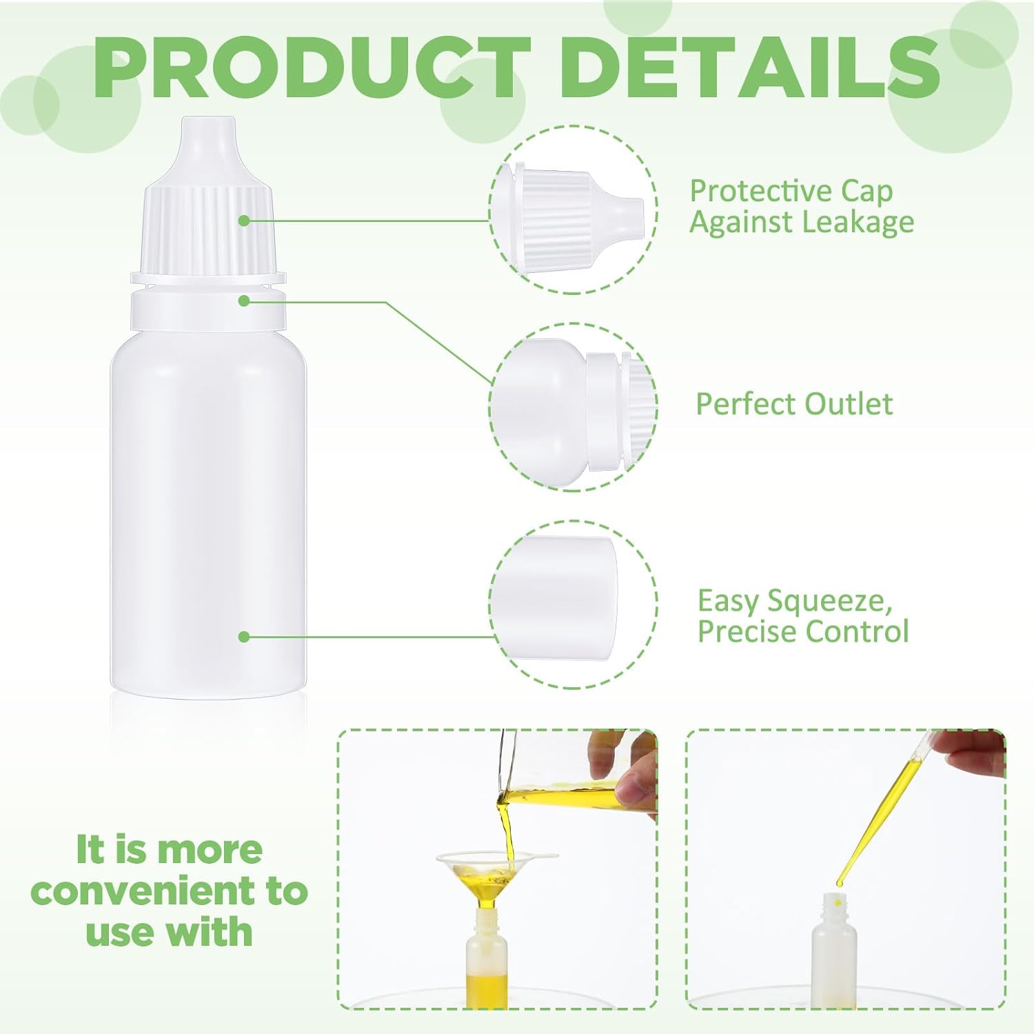 Uiifan 100 botellas de plástico con cuentagotas de líquido exprimible con tapa de rosca, 10 cuentagotas de embudo para gotas de ojos (blanco, 0.5 fl