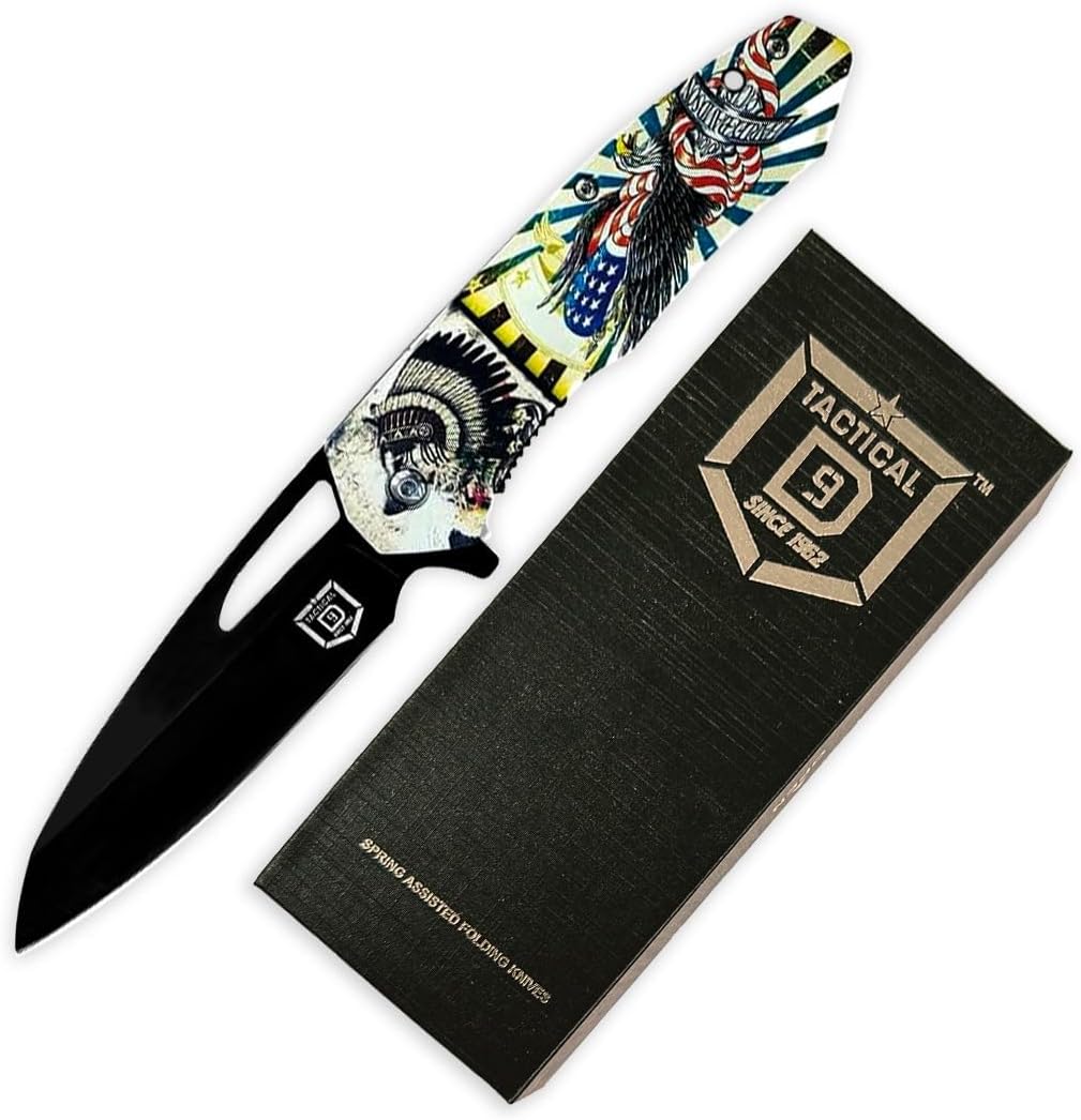 D9 Tactical Cuchillo de bolsillo de 3.75 pulgadas  Cuchillo asistido por resorte con bloqueo de forro, agujero para cordón y clip de bolsillo