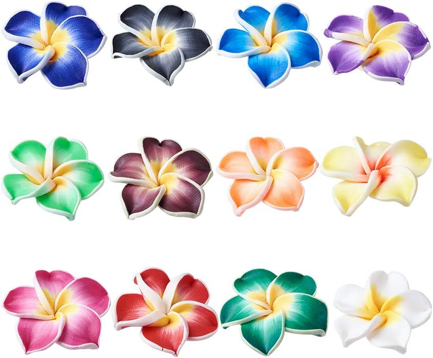 Craftdady 200 cuentas sueltas de arcilla polimérica Plumeria Flower Spacer 0.472×0.315 in colores mezclados al azar 5 pétalos florales abalorios de